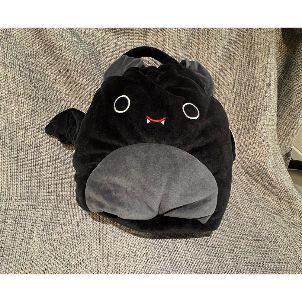 Squishmallows Emily the Bat plush treat pail, featuring soft black fabric